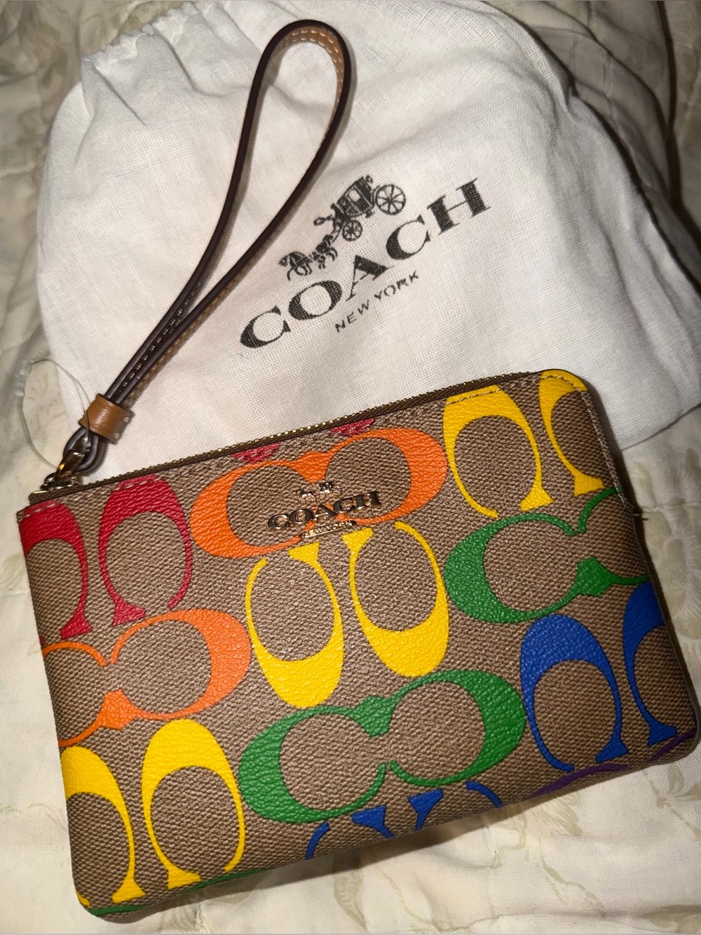 Coach Corner Zip Wristlet In Rainbow Signature Canvas NWOT